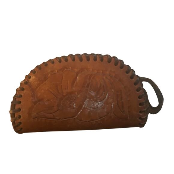 GUC Vintage Leather Hand Tooled Coin Purse Zipper Tab Laces - Picture 2 of 4